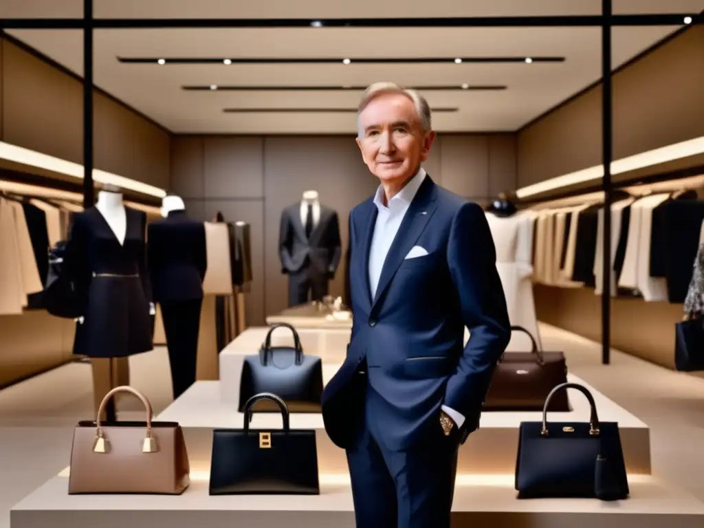 En una lujosa tienda de moda, Bernard Arnault irradia éxito y elegancia, rodeado de artículos de lujo