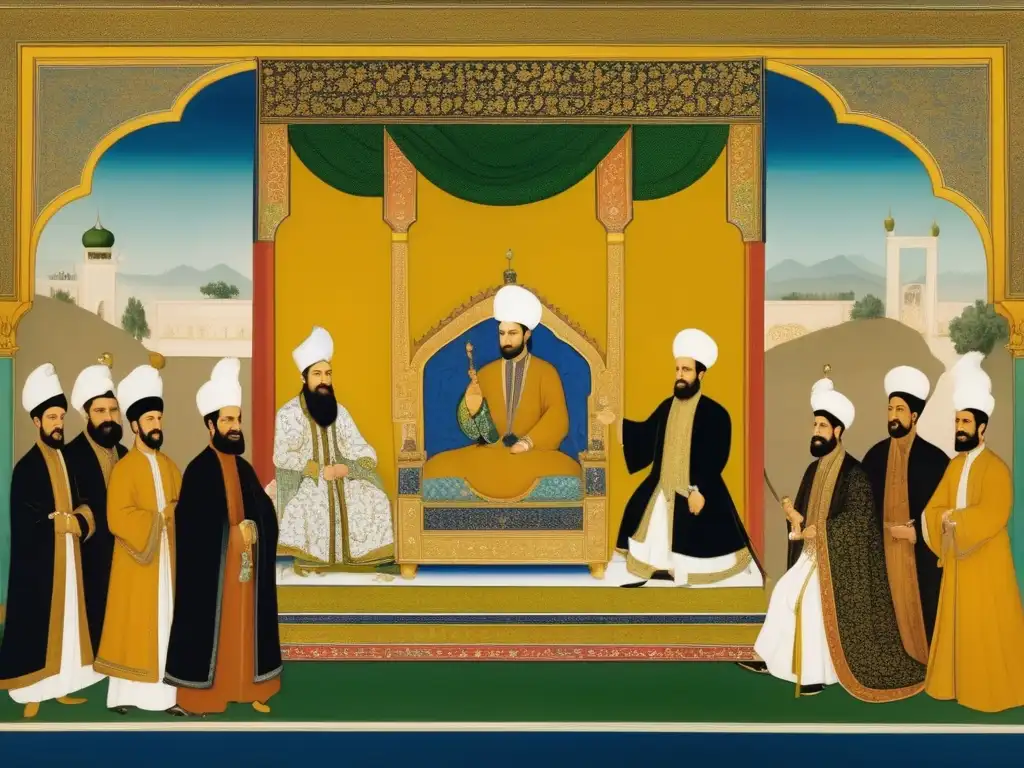 En el lujoso salón, Shah Abbas y la corte persa exhiben opulencia y poder en la era de la Prosperidad Persia