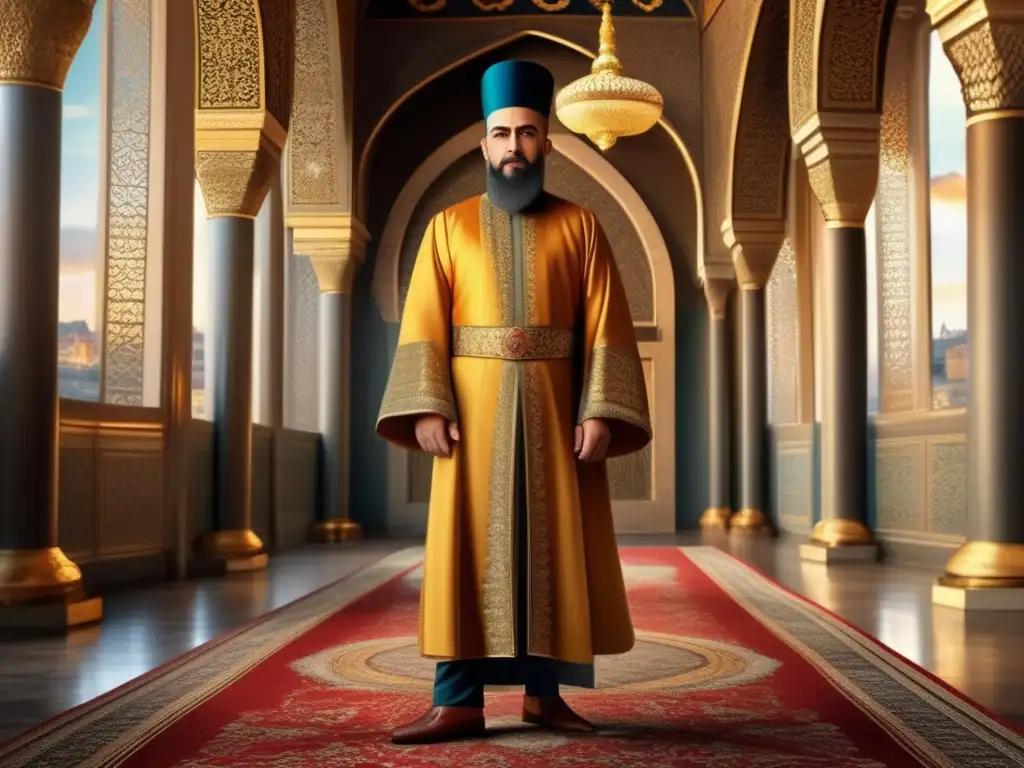 En el lujoso Palacio de Topkapi, Pargalı İbrahim Paşa irradia autoridad con sus ropajes otomanos, evocando la opulencia de su vida como Gran Visir