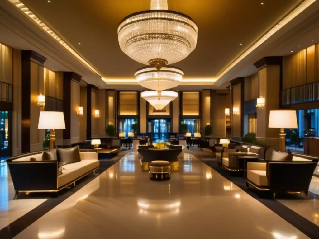 El lujoso vestíbulo del primer hotel Hilton, con elegantes detalles arquitectónicos, candelabros opulentos y suelos de mármol