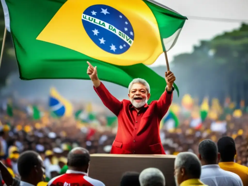 Lula da Silva pronuncia un apasionado discurso a una multitud diversa, con la bandera brasileña ondeando al fondo