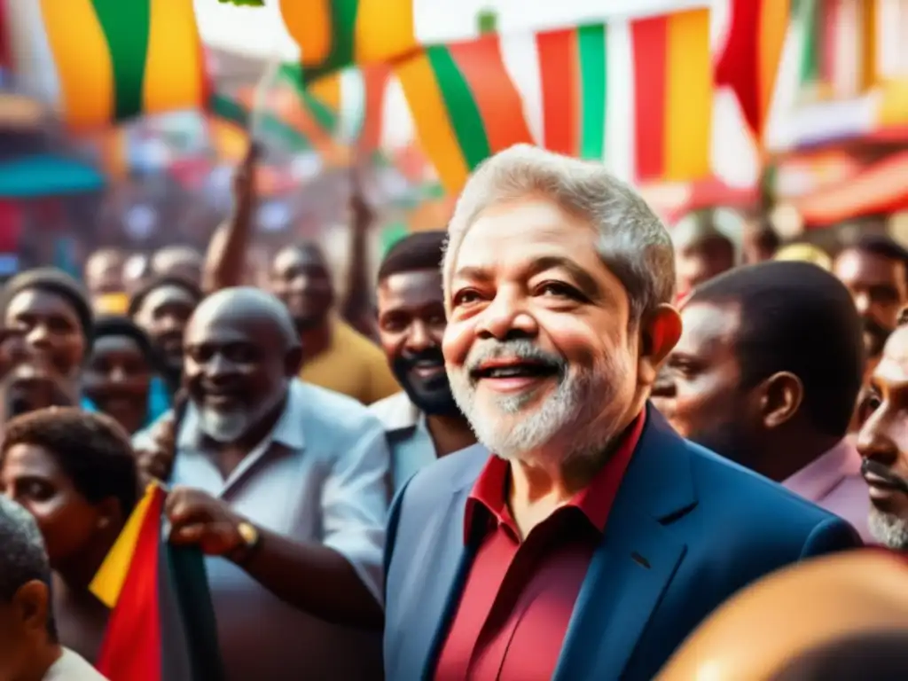 Lula da Silva en bullicioso mercado, escuchando a seguidores con carisma