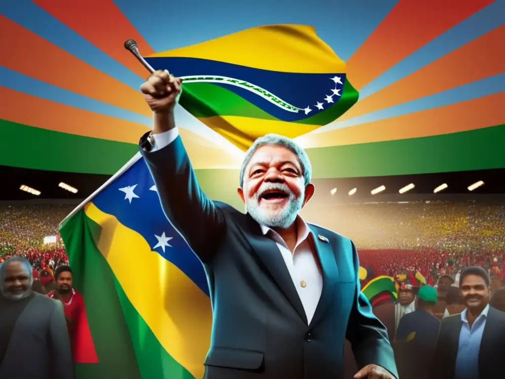 Lula da Silva pronuncia un discurso poderoso ante una multitud diversa, con la bandera brasileña ondeando en el fondo