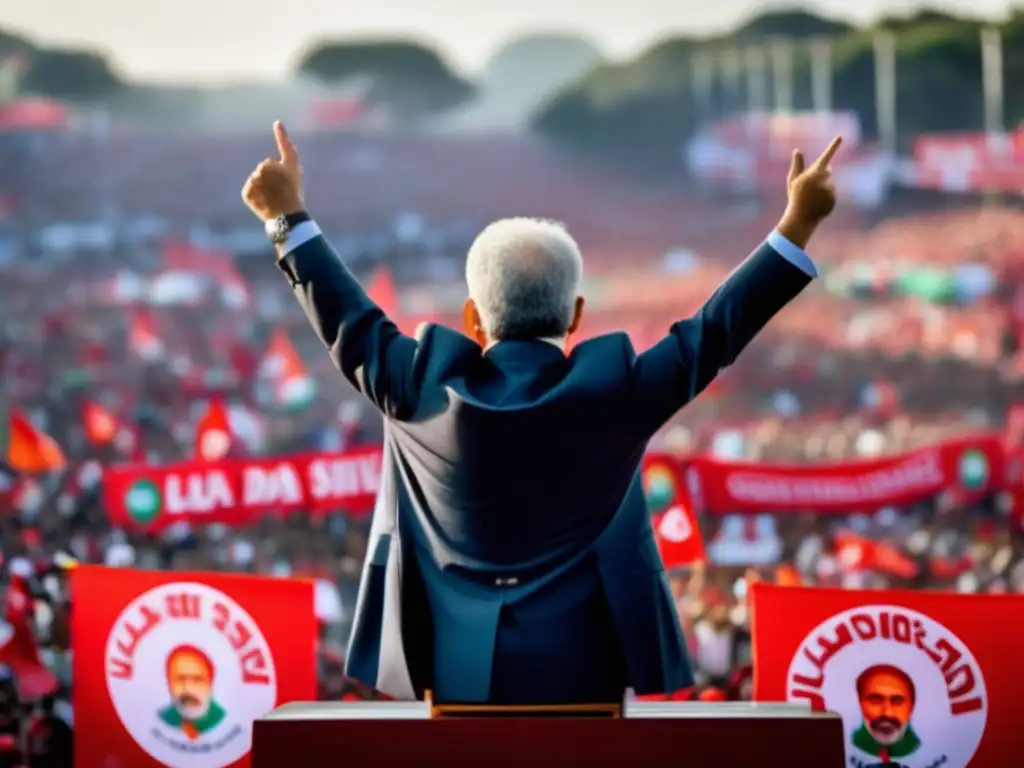 Lula da Silva en un mitin político, hablando apasionadamente ante una multitud de seguidores