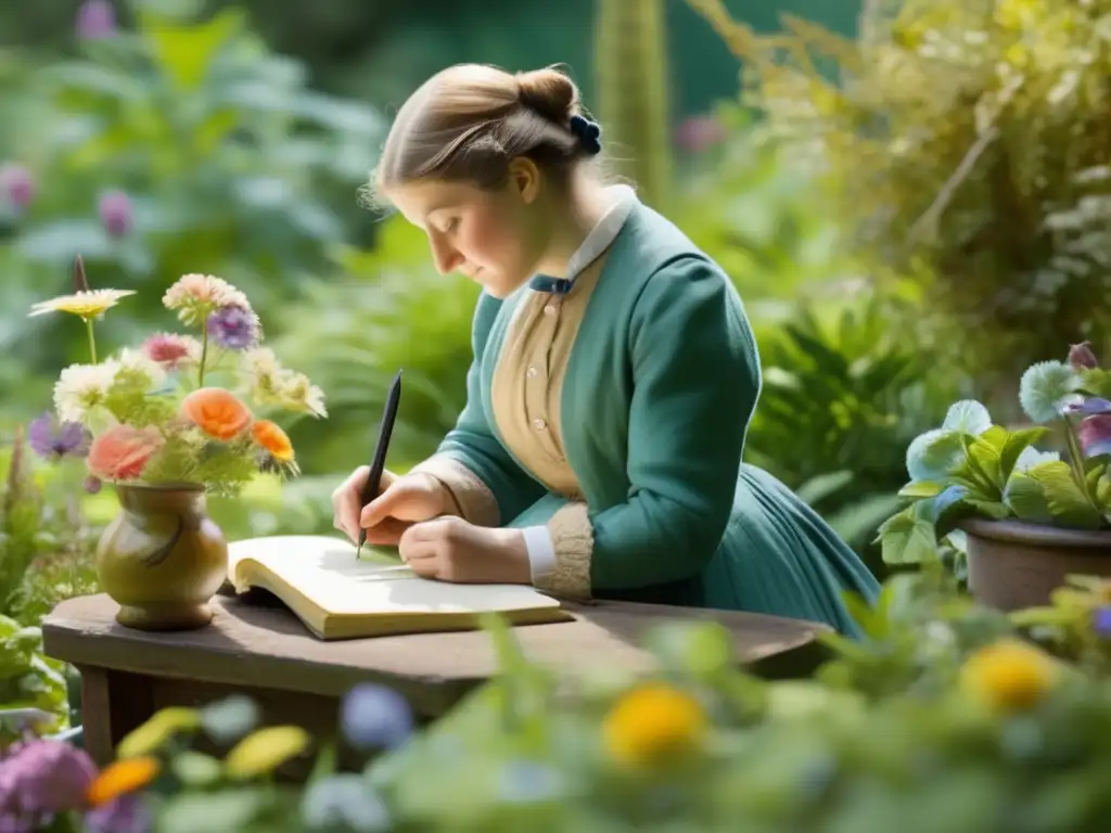 En la luminosa y exuberante jardín, Beatrix Potter estudia con dedicación la vida botánica, inmersa en un mar de plantas y flores