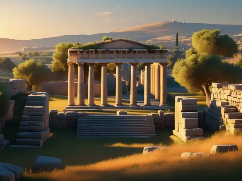 La luz del atardecer baña las ruinas de Troya, creando una escena evocadora que refleja la biografía de Homero y la creación de la Ilíada
