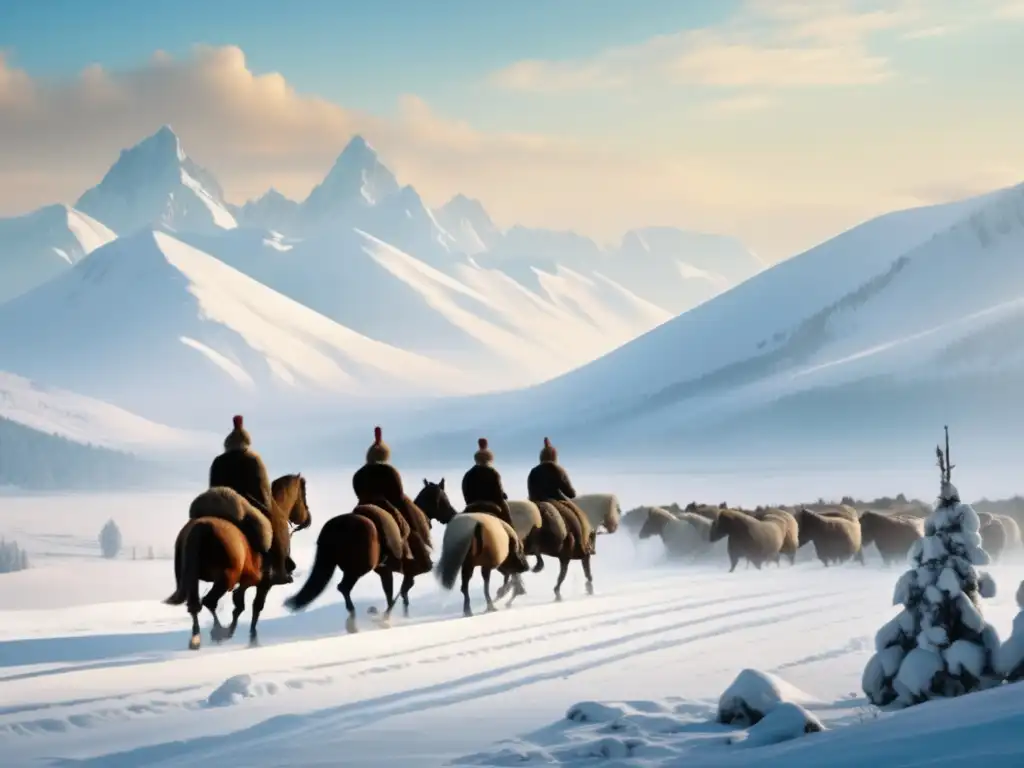 A la luz dorada del amanecer, Yermak Timoféyevich lidera una expedición hacia Siberia, seguido de valientes cosacos en un paisaje nevado y montañoso