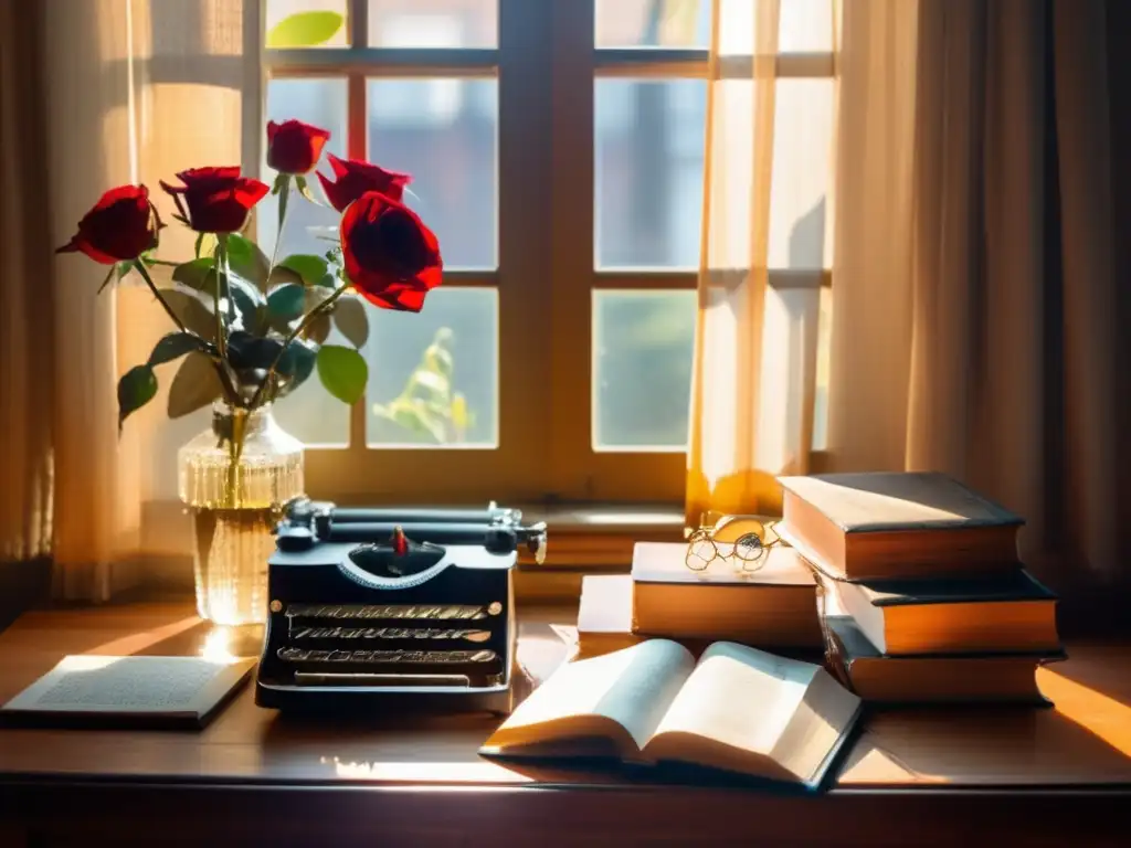 La luz dorada de la tarde ilumina una mesa de escritura desordenada, con una taza de té a medio terminar y libros envejecidos