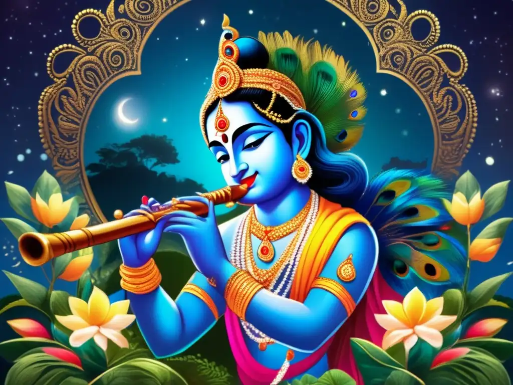 Bajo la luz de la luna, Krishna toca su flauta rodeado de naturaleza exuberante, irradiando amor divino y tranquilidad