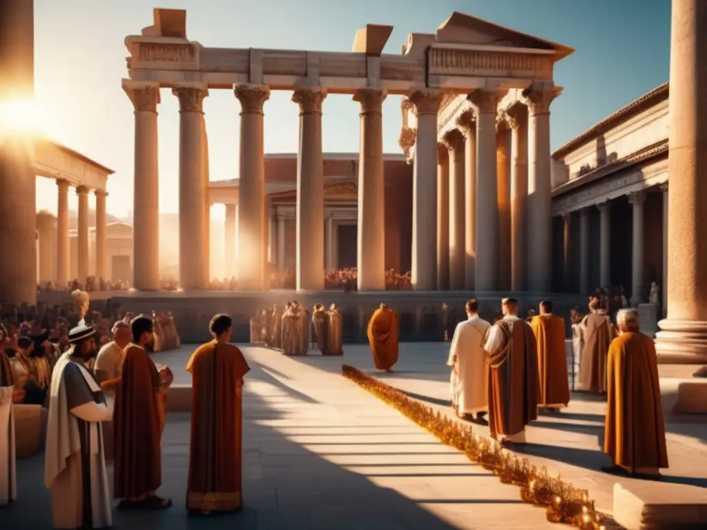 La luz del sol ilumina el antiguo templo romano mientras sacerdotes realizan un ritual