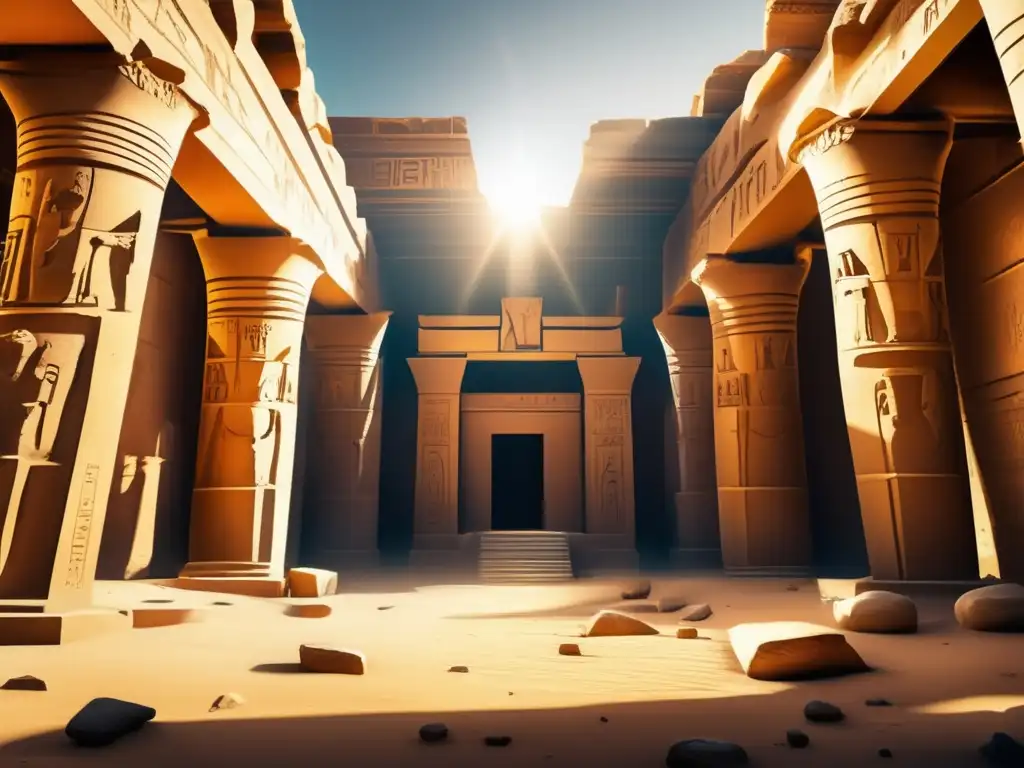 La luz del sol ilumina los restos de un antiguo templo egipcio, revelando jeroglíficos y estatuas