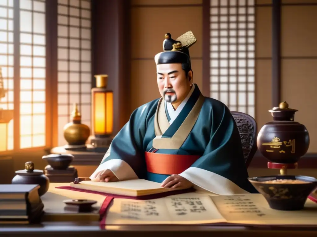 El Rey Sejong crea el alfabeto coreano: una imagen histórica y emocionante A la luz de la tarde, Sejong el Grande crea el alfabeto coreano en su majestuoso escritorio, rodeado de pergamino y tinteros