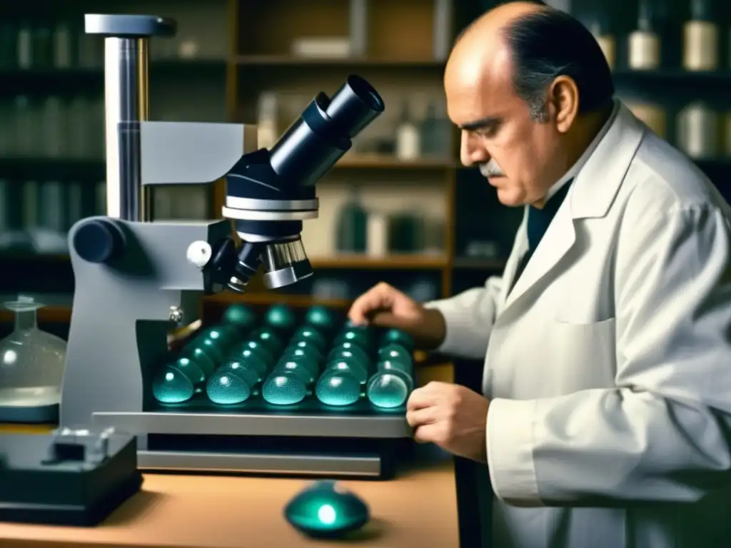 Bajo una luz tenue, Theodor Schwann estudia células con detenimiento en su laboratorio, revelando descubrimientos revolucionarios sobre su estructura