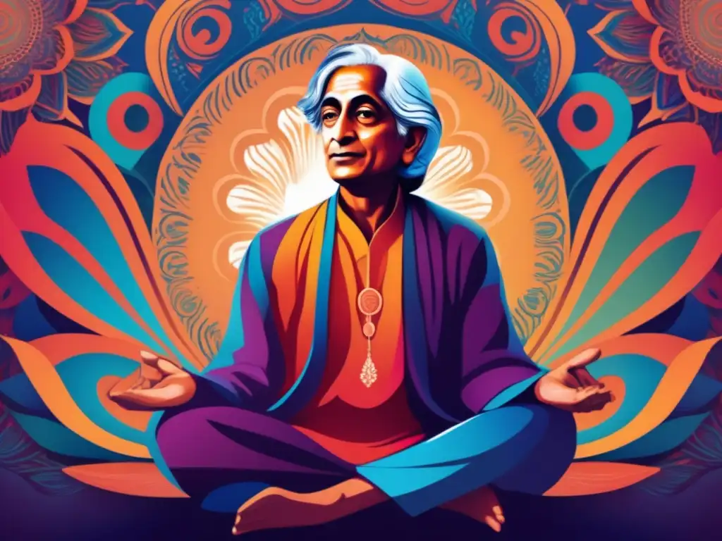 Jiddu Krishnamurti, maestro espiritual, medita rodeado de patrones abstractos que representan la libertad de pensamiento y la iluminación espiritual