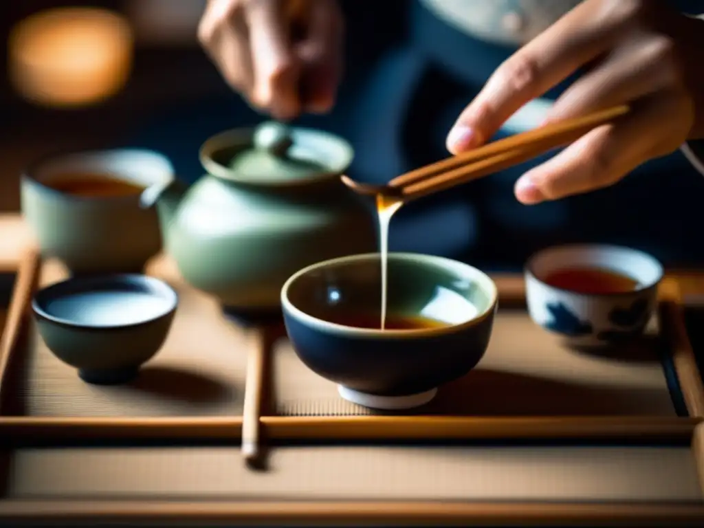 Un maestro de té japonés realiza una ceremonia, destacando la elegancia y la armonía del ritual