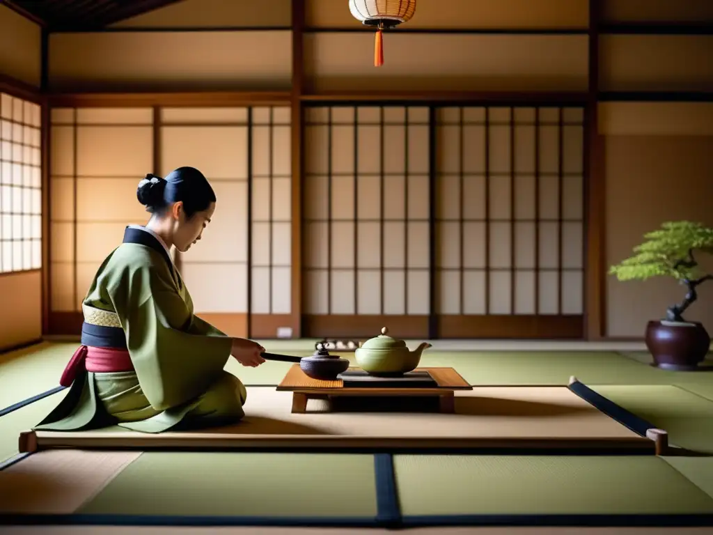 Un maestro de té japonés prepara con gracia y precisión matcha en una serena habitación de tatami, rodeado de caligrafía y arreglos florales