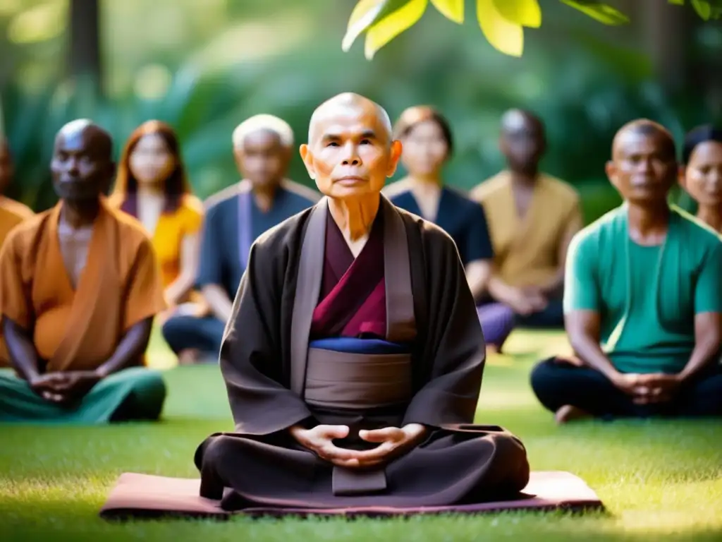 Un maestro zen guía una meditación en un jardín exuberante, irradiando calma