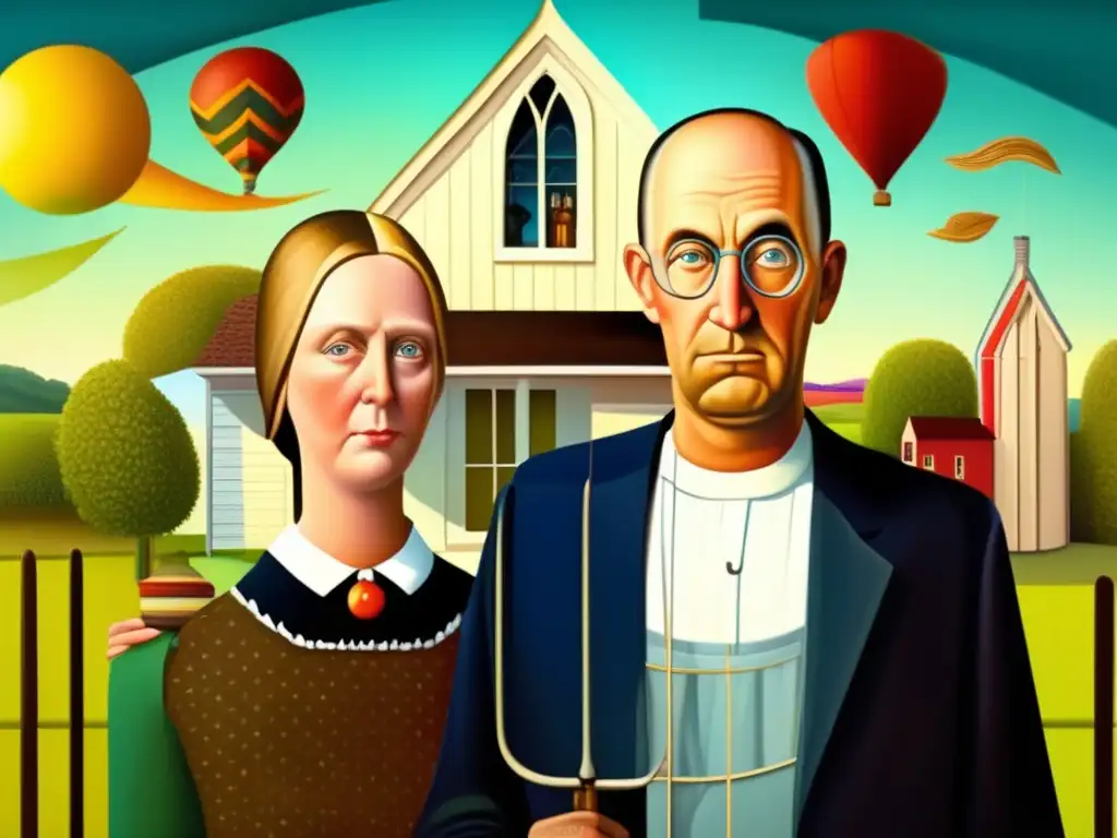 Una reinterpretación mágica del 'American Gothic' de Grant Wood, con colores vibrantes y elementos fantásticos