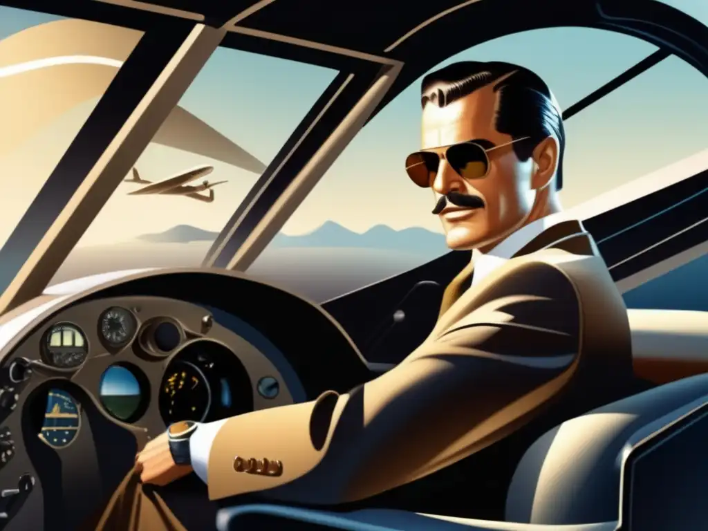 Howard Hughes, magnate excéntrico, en su avión futurista, reflejando confianza y determinación