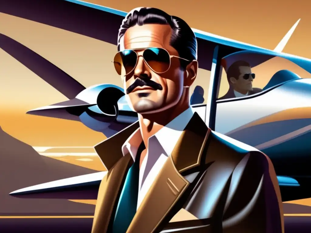 Howard Hughes, magnate excéntrico, en gafas de aviador con un avión futurista al fondo