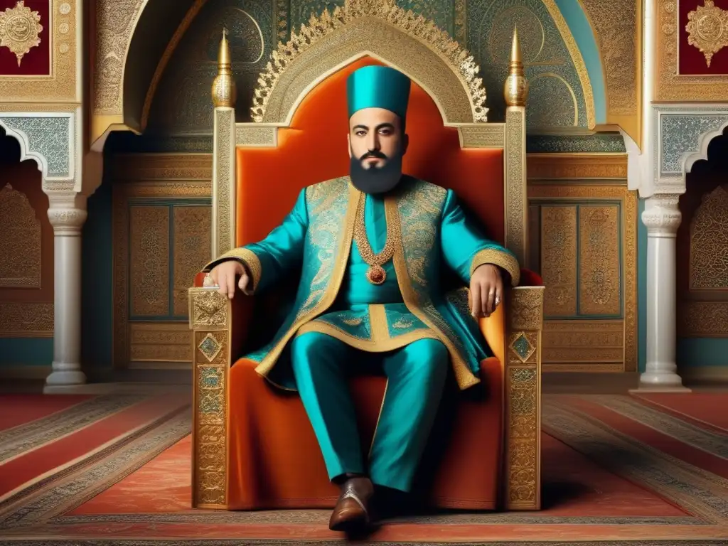 Suleiman el Magnífico en su trono en el Palacio Topkapi, rodeado de detalles otomanos, exuda autoridad regia