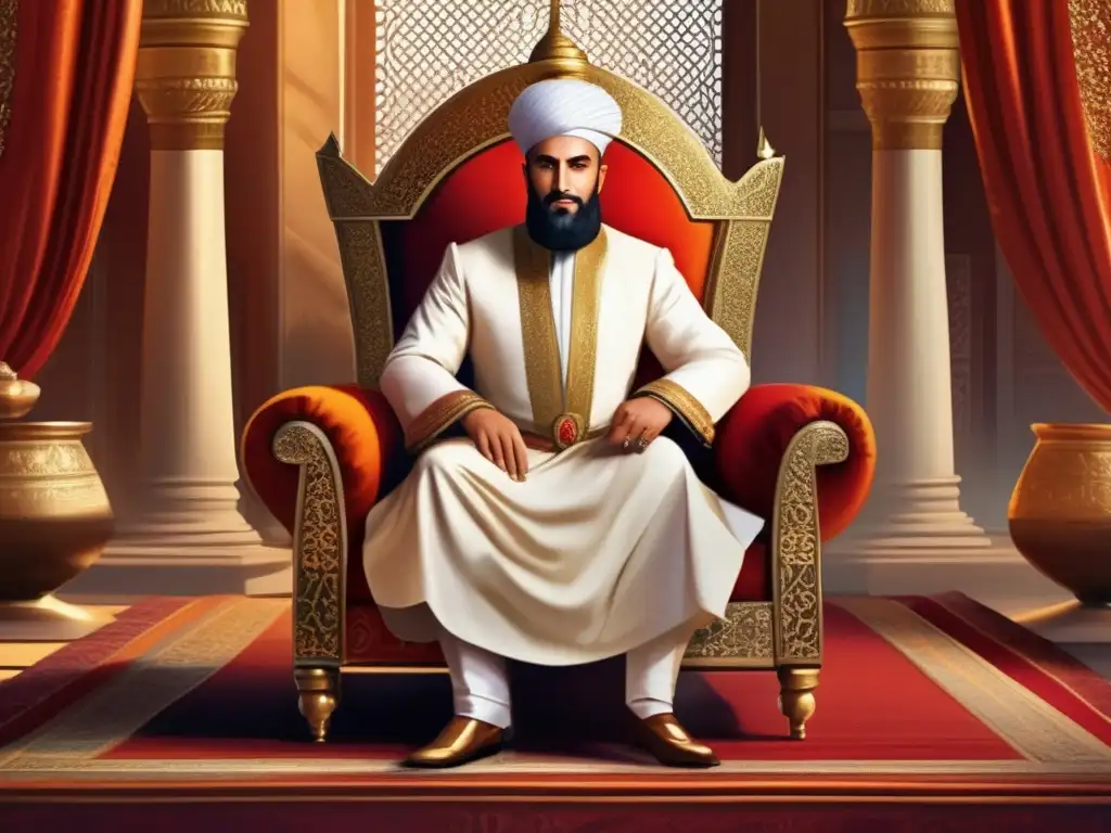 Suleiman el Magnífico en su trono, rodeado de opulenta arquitectura otomana