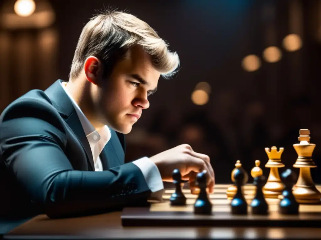 Magnus Carlsen concentrado en una partida de ajedrez, con una atmósfera intensa y dramática