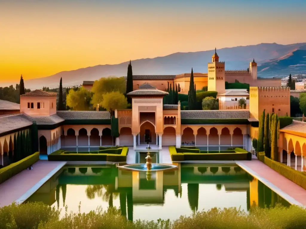 La majestuosa Alhambra iluminada por el cálido atardecer, reflejando su esplendor arquitectónico en las tranquilas aguas de sus fuentes