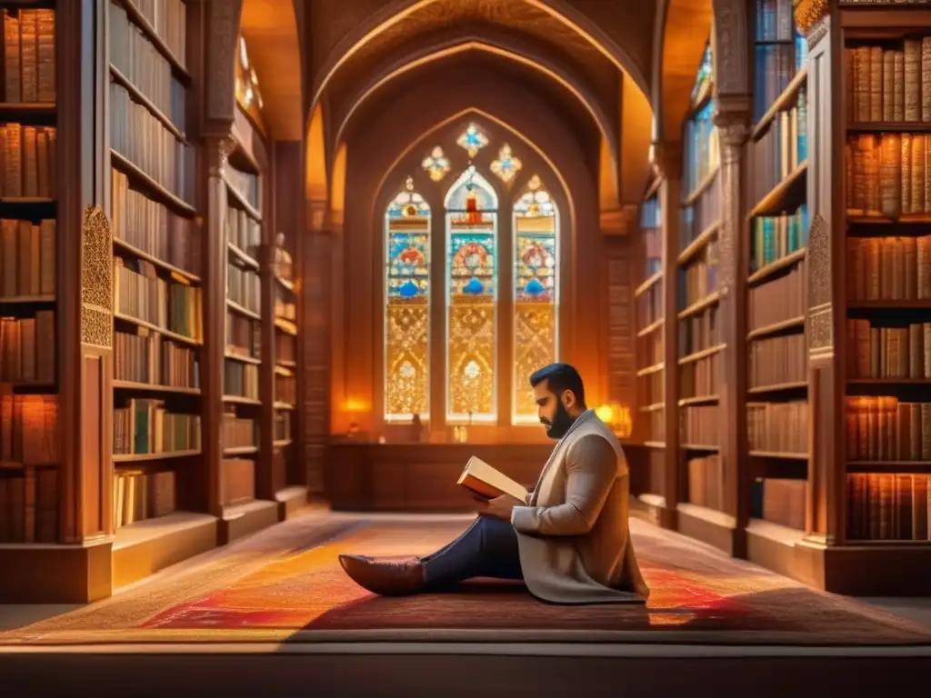 En la majestuosa biblioteca, Vizir Nizam alMulk lee con devoción bajo la cálida luz de la vidriera