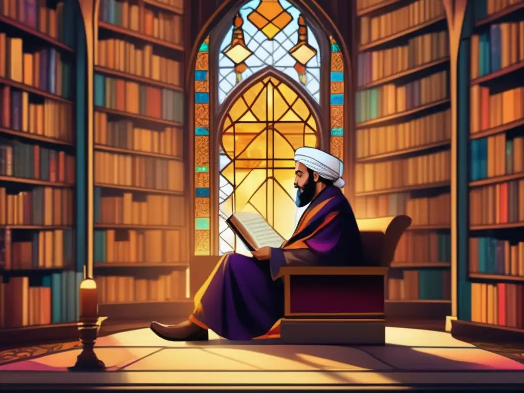 En una majestuosa biblioteca, Ibn Khaldun escribe con intensa concentración entre antiguos tomos