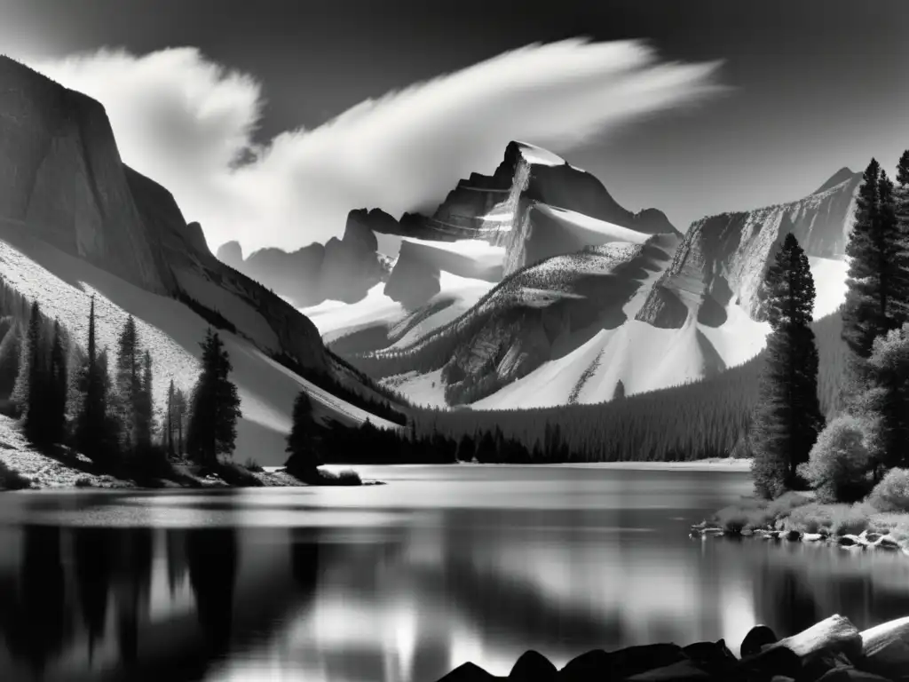 Una majestuosa fotografía en blanco y negro de Ansel Adams, capturando la belleza natural de montañas, valles y un sereno lago