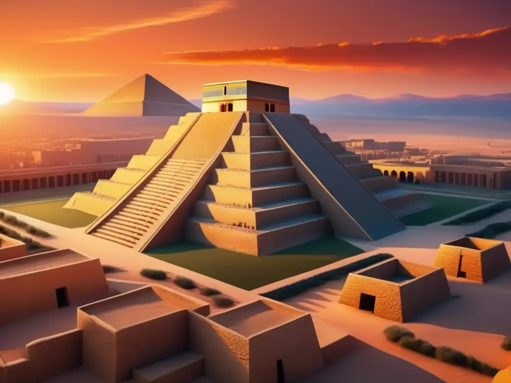 Ziggurat de Ur: Esplendor ancestral al atardecer La majestuosa ciudad antigua de Ur, con la ziggurat destacando contra un cielo de atardecer vívido