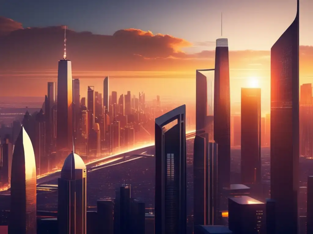 Una majestuosa ciudad futurista se baña en la cálida luz del atardecer, uniendo fe, gobernanza y razón