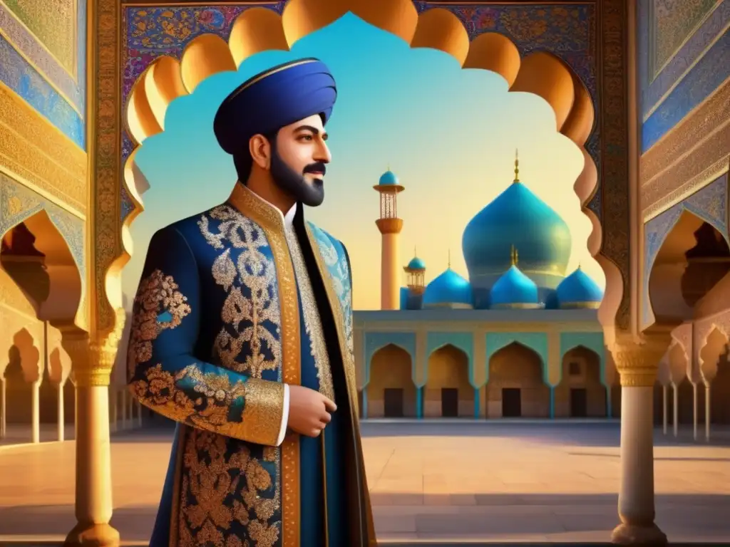 En la majestuosa ilustración digital, Shah Abbas el Grande contempla el esplendor del Palacio de Chehel Sotoun en Isfahán