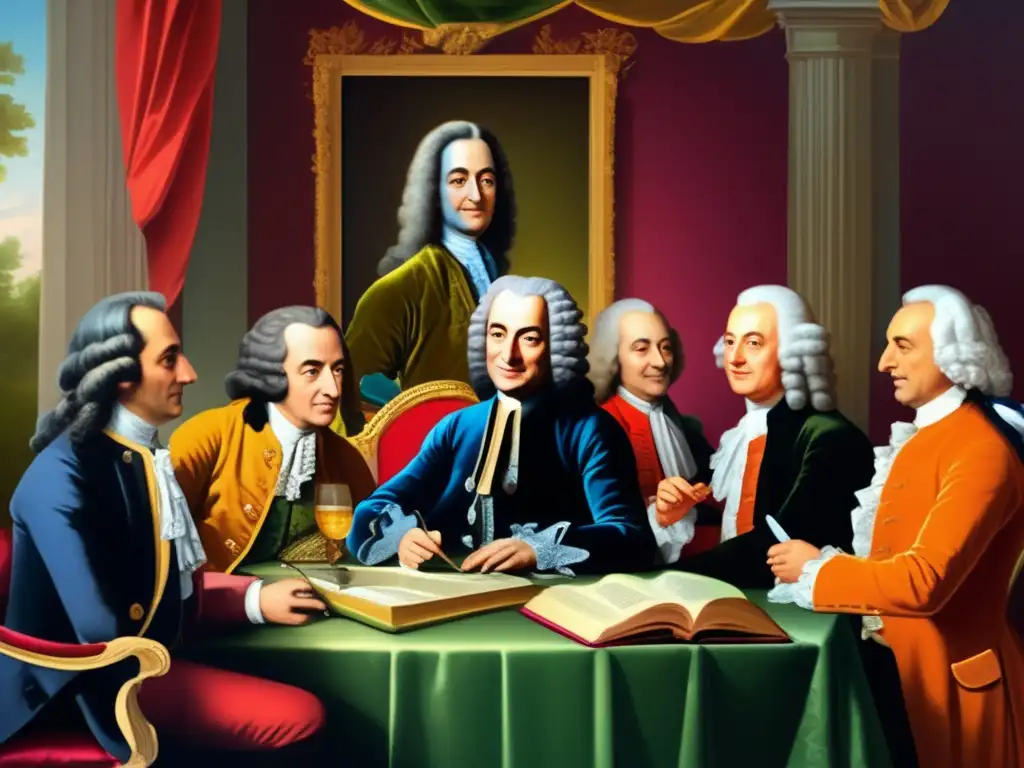 En una majestuosa ilustración digital, Voltaire y los líderes del siglo de las luces debaten en un salón