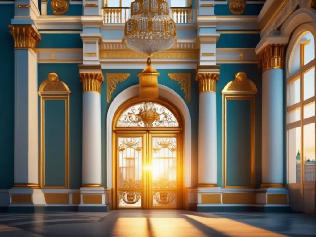 La majestuosa entrada del Palacio de Invierno en San Petersburgo, con detalles dorados y opulentos