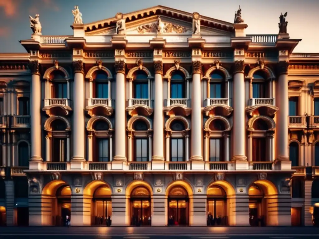 La majestuosa fachada de La Scala en Milán, Italia, iluminada por la cálida luz de la tarde