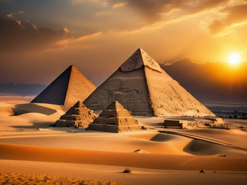 La majestuosa Gran Pirámide de Giza se ilumina con la cálida luz del atardecer, revelando sus intrincados detalles y el paisaje desértico circundante