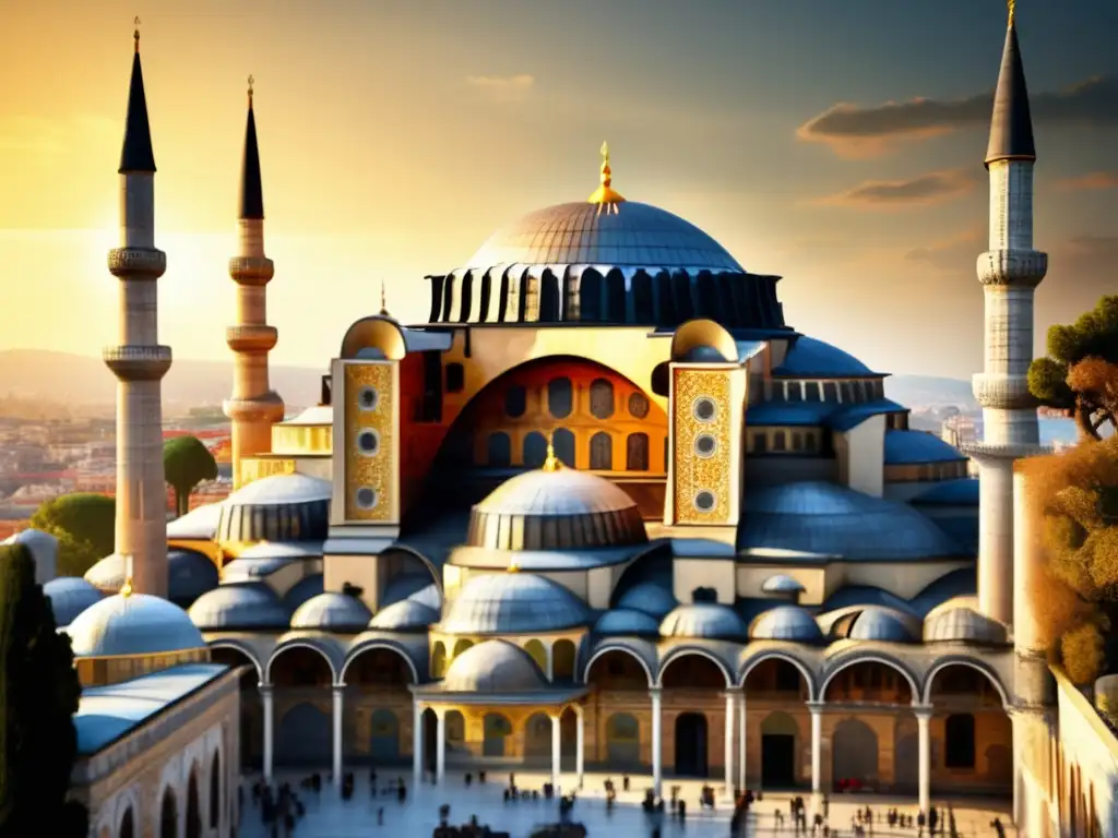 La majestuosa Hagia Sophia en Estambul, bañada por la luz del sol, revela sus detalles arquitectónicos