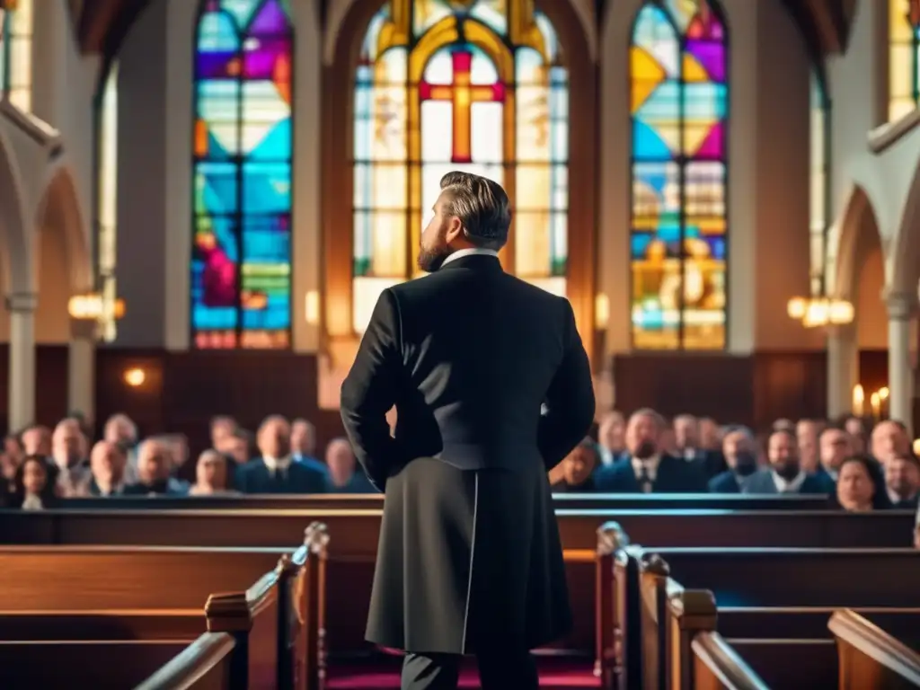 En la majestuosa iglesia baptista, Charles Spurgeon predica con pasión ante una audiencia cautivada