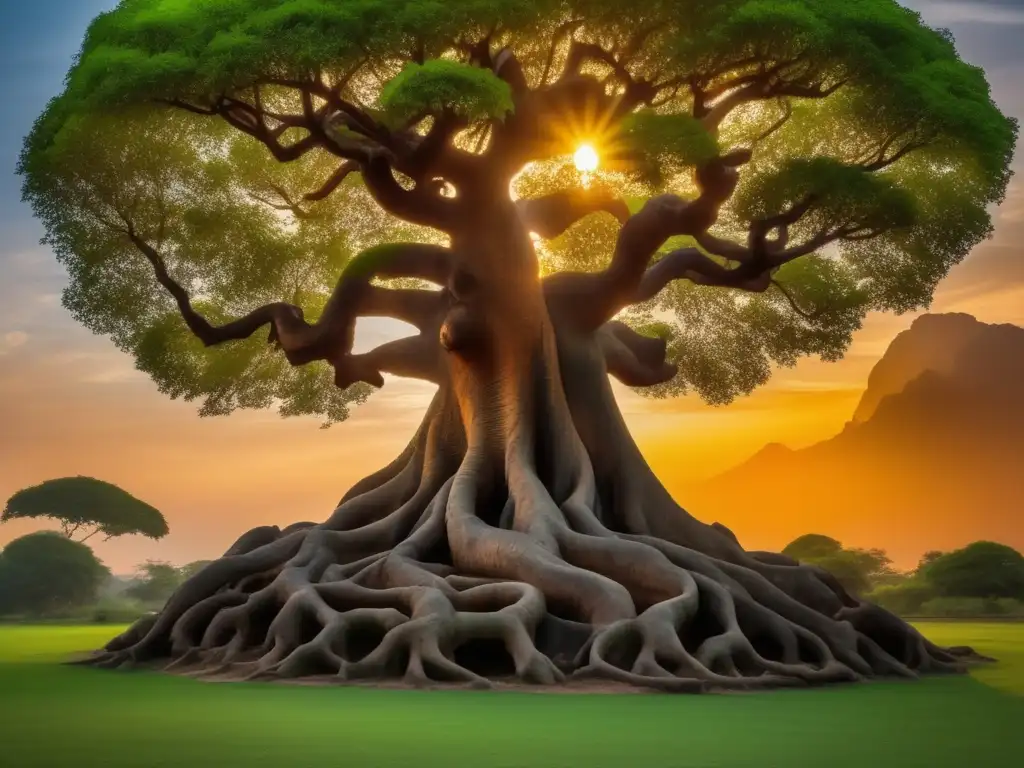 La majestuosa imagen del árbol Bodhi se alza contra un cielo vibrante al atardecer, bañado en una cálida luz dorada