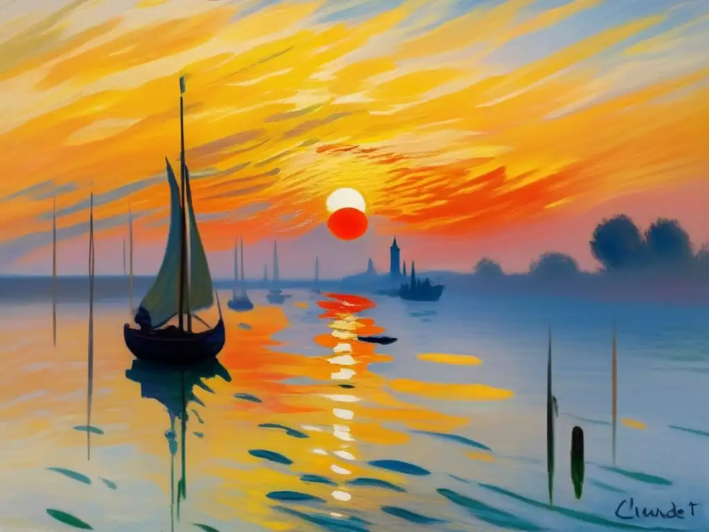 Una majestuosa obra de arte impresionista de Claude Monet capturando la belleza de la naturaleza con un amanecer vibrante sobre el agua