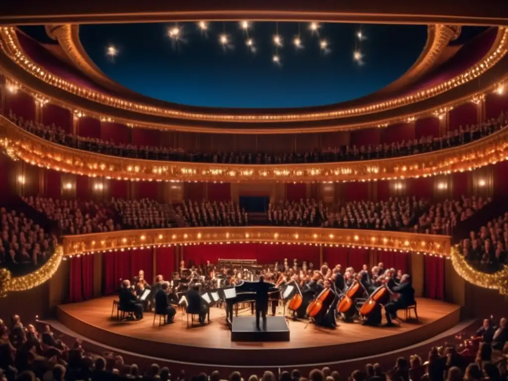 Desde la majestuosa perspectiva aérea, Giacomo Puccini dirige apasionadamente una ópera, envuelto en la cálida luz del escenario