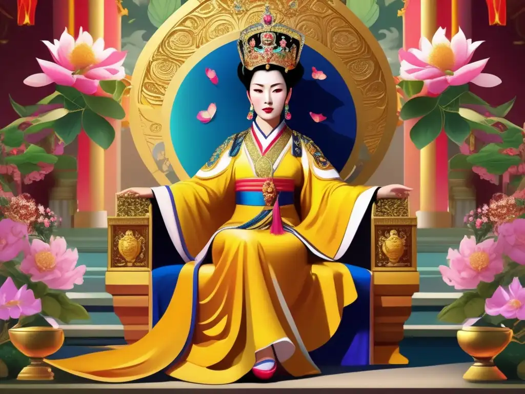 Una majestuosa pintura digital muestra a la Emperatriz Wu Zetian China Imperial sentada en un trono dorado, rodeada de un exuberante jardín palaciego