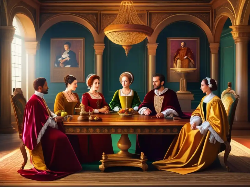 Una majestuosa pintura digital de la familia Medici, banqueros, líderes en Florencia, reunidos en una lujosa sala renacentista