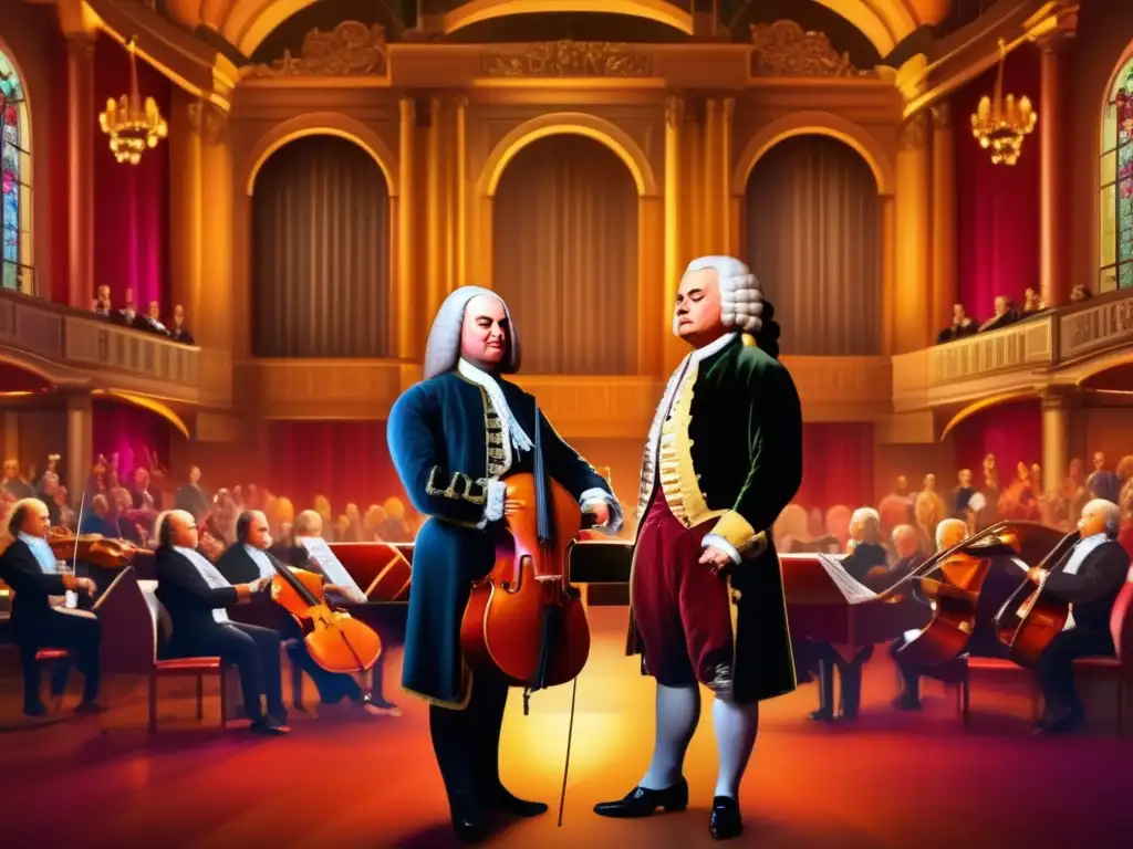 En la majestuosa pintura digital, Bach y Handel están juntos en un gran salón de conciertos, rodeados de colores vibrantes y notas musicales