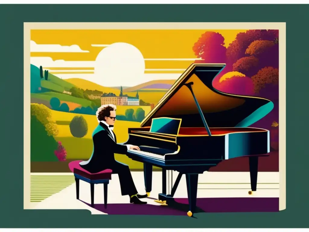 Una majestuosa pintura digital de Franz Schubert en el piano, rodeado de los paisajes de Viena del siglo XIX