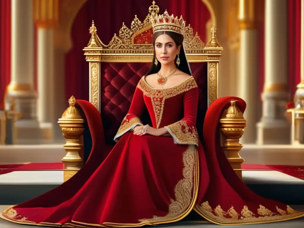 Una majestuosa pintura digital de la Reina Isabel I de Castilla en su trono, con un vestido rojo real y una expresión serena pero firme