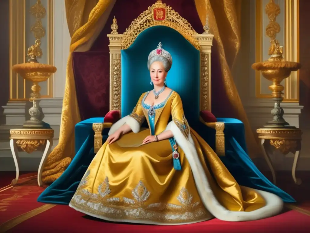 Una majestuosa pintura de la Emperatriz Catalina la Grande en su trono dorado, derrochando autoridad y gracia