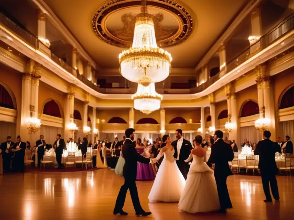 Una majestuosa sala de baile con candelabros de cristal, detalles dorados y un suelo de mármol pulido